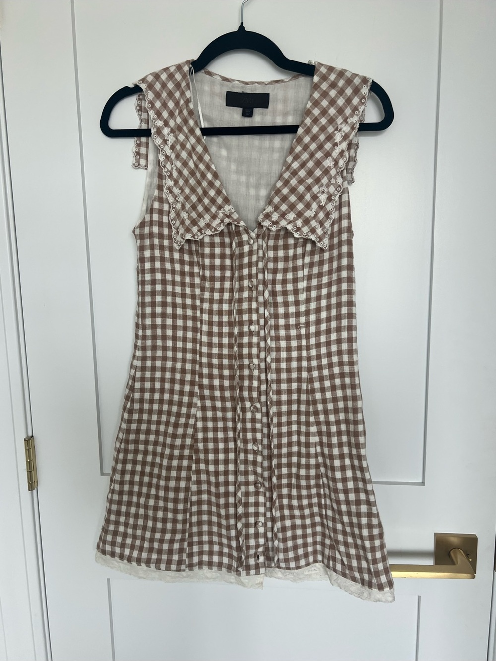 Zara Beige and White Gingham Mini Pinafore Dress with Lace Collar